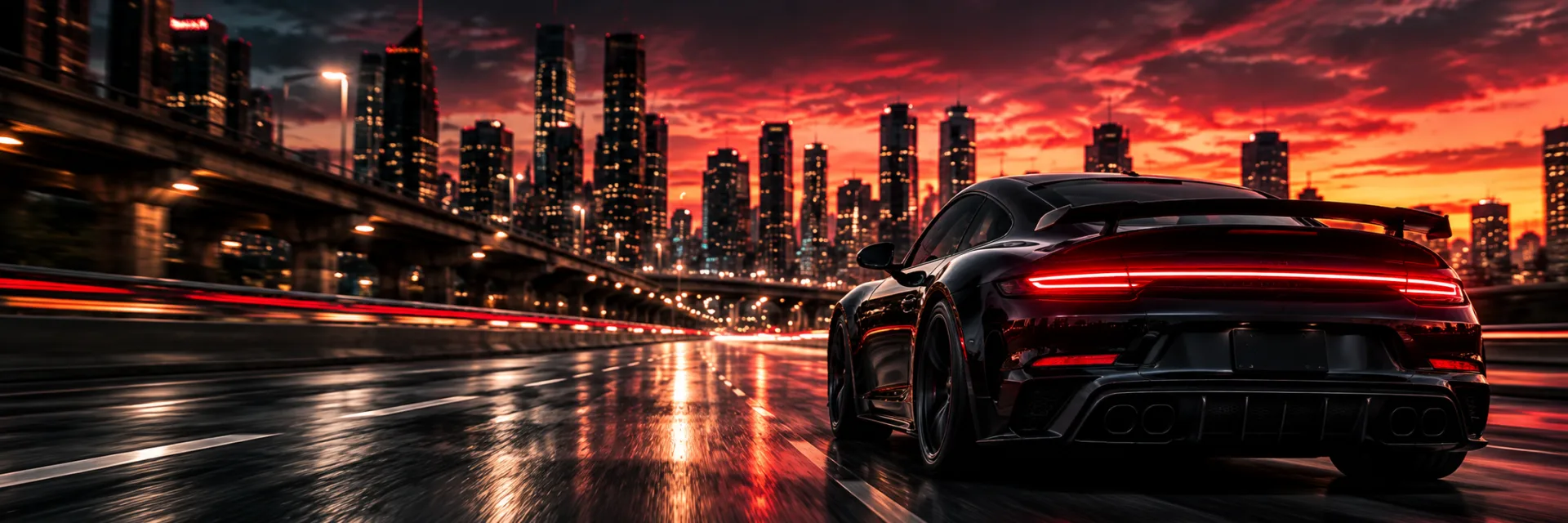 Black performance car on a night highway drive